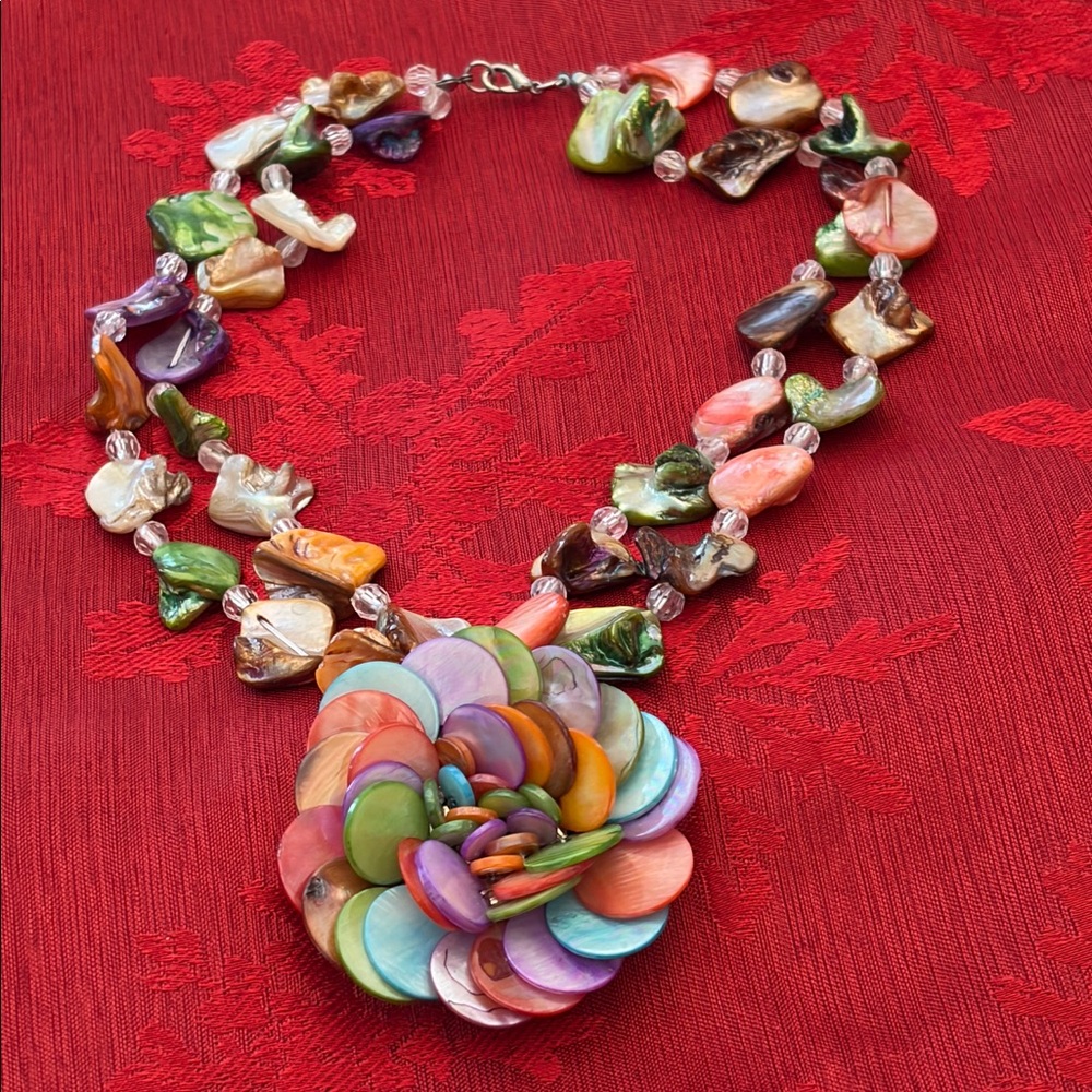 90s Y2K Shell MultiColorFlower Statement 2 Strand PreOwned Necklace 18”